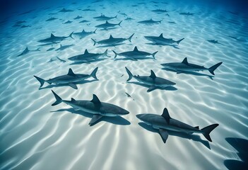 Obraz premium A school of sharks swimming in the deep blue ocean