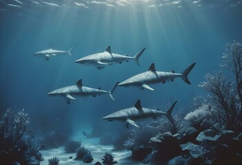 Fototapeta premium A school of sharks swimming in the deep blue ocean
