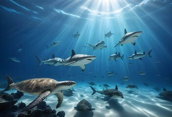 Obraz premium A school of sharks swimming in the deep blue ocean