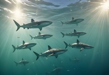 Obraz premium A school of sharks swimming in the deep blue ocean