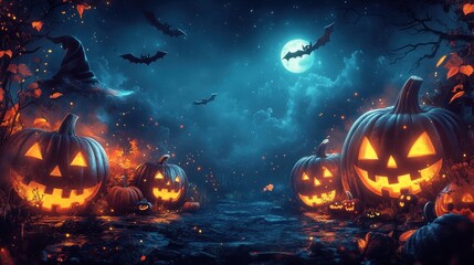 Fototapeta premium Spooky Halloween scene with glowing pumpkins and bats under a full moon.