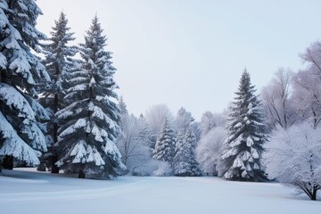Naklejka premium Stunning Winter Landscape with Magical Snow-Covered Trees and Clear Scenic Backdrop