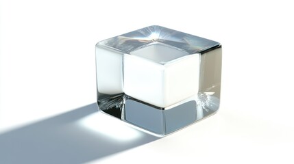 Fototapeta premium A crystal clear cube with a white interior casting a shadow on a white background.