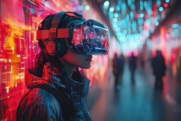 Virtual Reality Expo An immersive space with attendee wearing VR headset png file