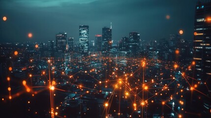 Fototapeta premium Night cityscape with glowing lines connecting buildings.