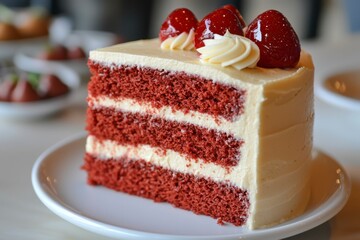 A Slice of Red Velvet Cake Topped with Cream and Strawberries