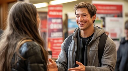 Student council president candidates shake hands and chat with supporters at a school event, with campaign posters and smiling faces in the background.