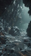 The mystical dark world of rocks. Cinematic view. 3d render 