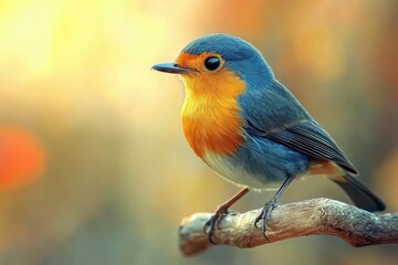 Fototapeta premium A Blue and Orange Bird Perched on a Branch with a Blurred Background