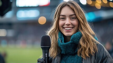 A reporter stands smiling at the camera, microphone in hand, on the sidelines of a sports event, providing live coverage of the stadium and the game in the background."