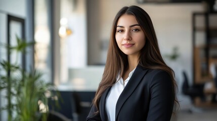 Fototapeta premium Beautiful professional woman in a suit standing in a modern office environment