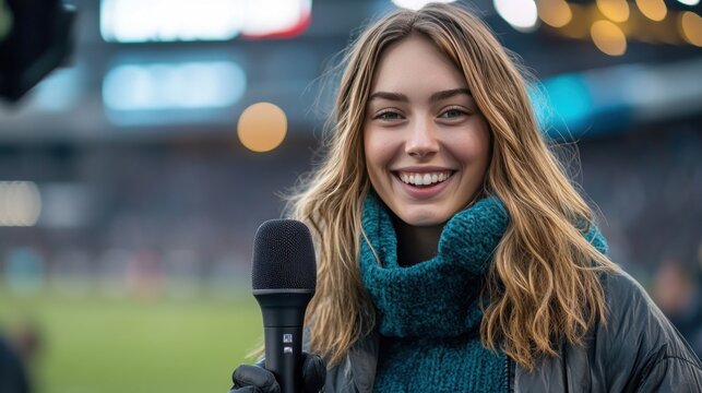 A reporter stands smiling at the camera, microphone in hand, on the sidelines of a sports event, providing live coverage of the stadium and the game in the background."