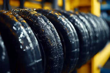 Obraz premium Close-up of Black Rubber Tire Stacked in a Warehouse