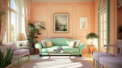 Fototapeta premium A mint green sofa and two accent chairs sit in a brightly lit living room with a window and peach walls.