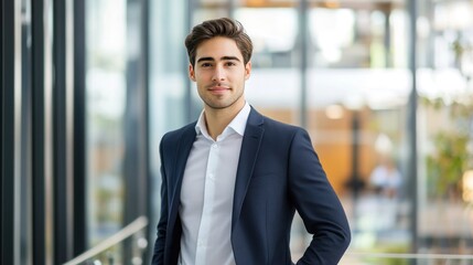 Fototapeta premium Young professional man in business suit standing in modern office environment
