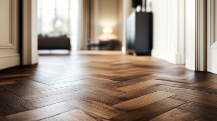 Close up of herringbone wood floor in a bright interior.