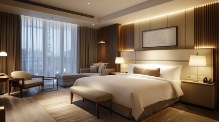 Fototapeta premium Luxurious bedroom with a king-size bed, a sitting area, a large window, and a modern design.