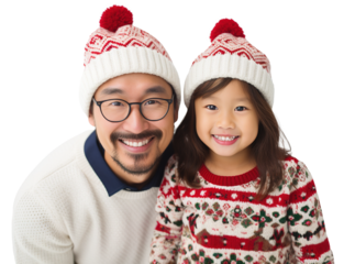 Asian father and daughter posing wearing Christmas sweaters posing over isolated white transparent background