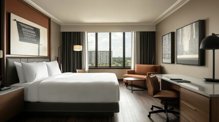 Fototapeta premium Modern hotel room with a large bed, a window with city views, and a desk with a chair.
