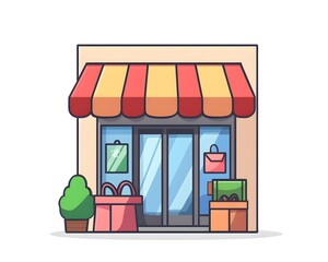 A colorful storefront with awning, showcasing shop items and inviting shoppers. Perfect for retail and business themes.