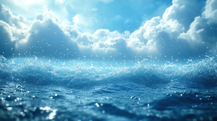 Serene ocean waves under a bright sky with scattered clouds.