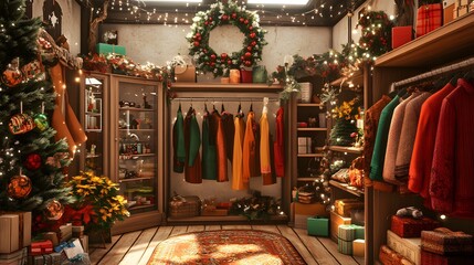 A cozy holiday shop adorned with festive decorations, colorful clothing, and gifts, creating a warm and inviting atmosphere.