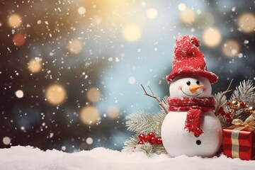 Fototapeta premium Christmas banner concept with snowman toll in snowy background with copy space