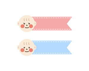 Cute baby boy and girl name tag. Blank pastel pink and blue kindergarten children label. Flat cartoon vector decorative design illustration isolated on background.  
