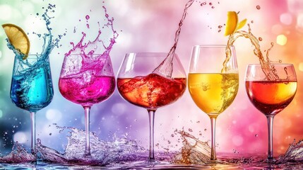 Five colorful cocktails in glasses with splashes of water and colorful background.