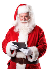 Naklejka premium Santa Claus portrait holding digital tablet and looking at camera. Posing over white and isolated transparent background