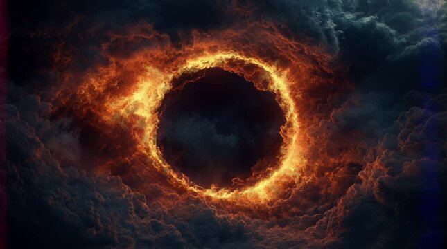 clouds that form a circle of fire with thick clouds. Virtual 4K video animation background with looping time lapse with very smooth graphics.