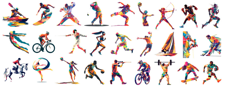 Different sports athletes illustrations. Colorful geometric design