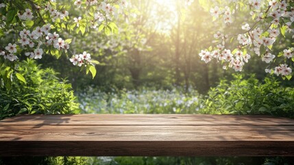 Fototapeta premium A wooden table top with a blurred background of a flowering tree and green foliage.