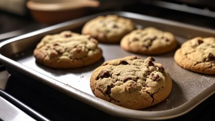  Freshly baked chocolate chip cookies cooling on a tray