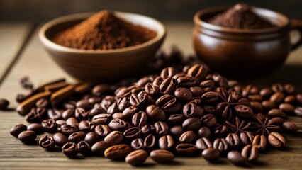 Fototapeta premium Aromatic coffee beans and spices ready to brew