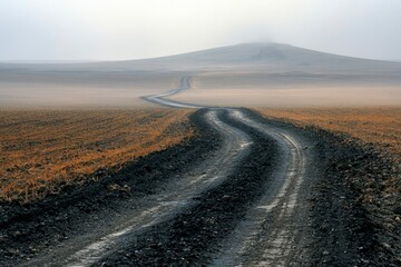 Fototapeta premium Winding Dirt Road Through Foggy Landscape