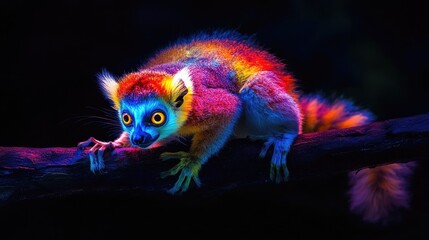 Glowing neon lemur scaling a dark surface with vivid colors and playful energy, its fur glowing against the black background