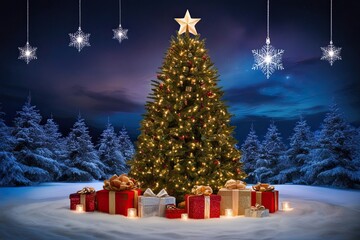 Magical Winter Night Sky with Glowing Christmas Tree and Sparkling Presents