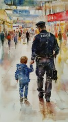 Obraz premium A police officer walking hand in hand with a child in a bustling shopping area, capturing a moment of safety and community.