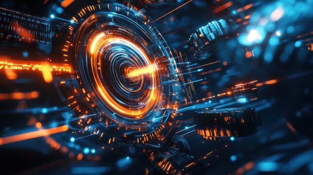 A sleek technology background with rotating digital gears and mechanical parts intertwined with light streaks