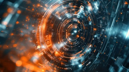 Obraz premium A sleek technology background with rotating digital gears and mechanical parts intertwined with light streaks