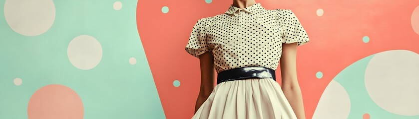 Obraz premium A stylish woman wearing a vintage dress stands against a colorful backdrop, showcasing modern fashion and retro charm.