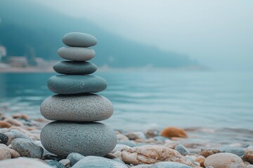 Fototapeta premium Stacked Stones on a Pebbled Beach with a Misty Background