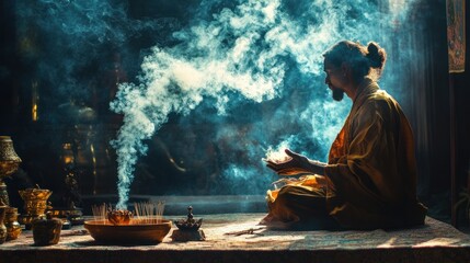 Fototapeta premium A spiritual practitioner performing a ritual at an altar filled with sacred objects and incense smoke rising
