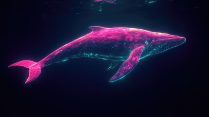 Fototapeta premium Glowing neon whale floating serenely in dark waters, its radiant body casting an ethereal light in an isolated black environment
