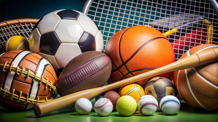 Variety of sports balls and equipment arranged creatively on a vibrant background