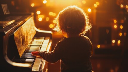 Little Boy Playing Piano in Warm Lighting