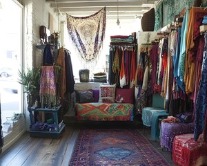 A vibrant boutique filled with colorful fabrics, patterns, and eclectic decor, inviting customers to explore unique fashion finds.