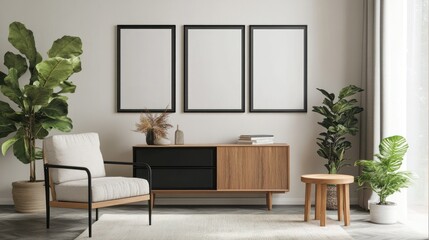 Modern living room with three empty frames, armchair, and side table.