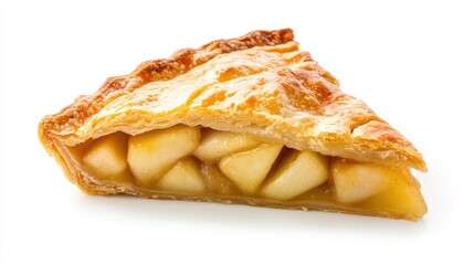 Golden apple pie slice with a perfectly flaky crust, beautifully displayed on a white background for a warm and inviting dessert scene.